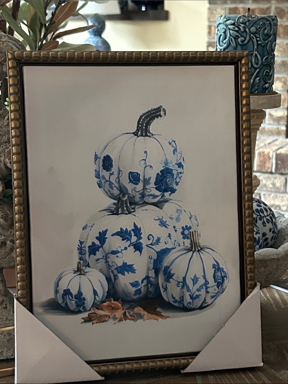 NEW! Vintage Inspired Chinoiserie Blue & White Floral Pumpkins Framed Wall Art